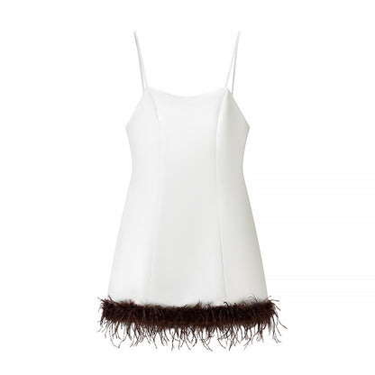Women Clothing Summer Feather Silk Satin Texture Short Strap Dress