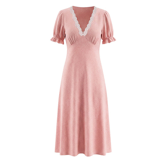 Women Clothing Spring Lace Polka Dot Short Sleeve Dress