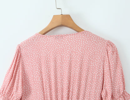 Women Clothing Spring Lace Polka Dot Short Sleeve Dress