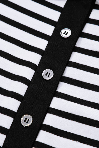 White Stripe Buttoned Front Collared Long Sleeve T Shirt Dress with Pockets