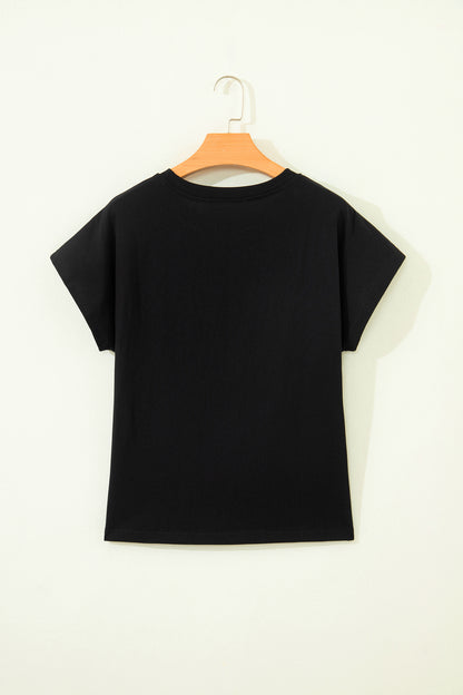 Black Leopard Bow Embroidered Cotton Round Neck T Shirt