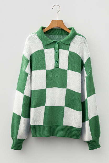 Grapefruit Orange Checkered Pattern Polo Collar Loose Sweater
