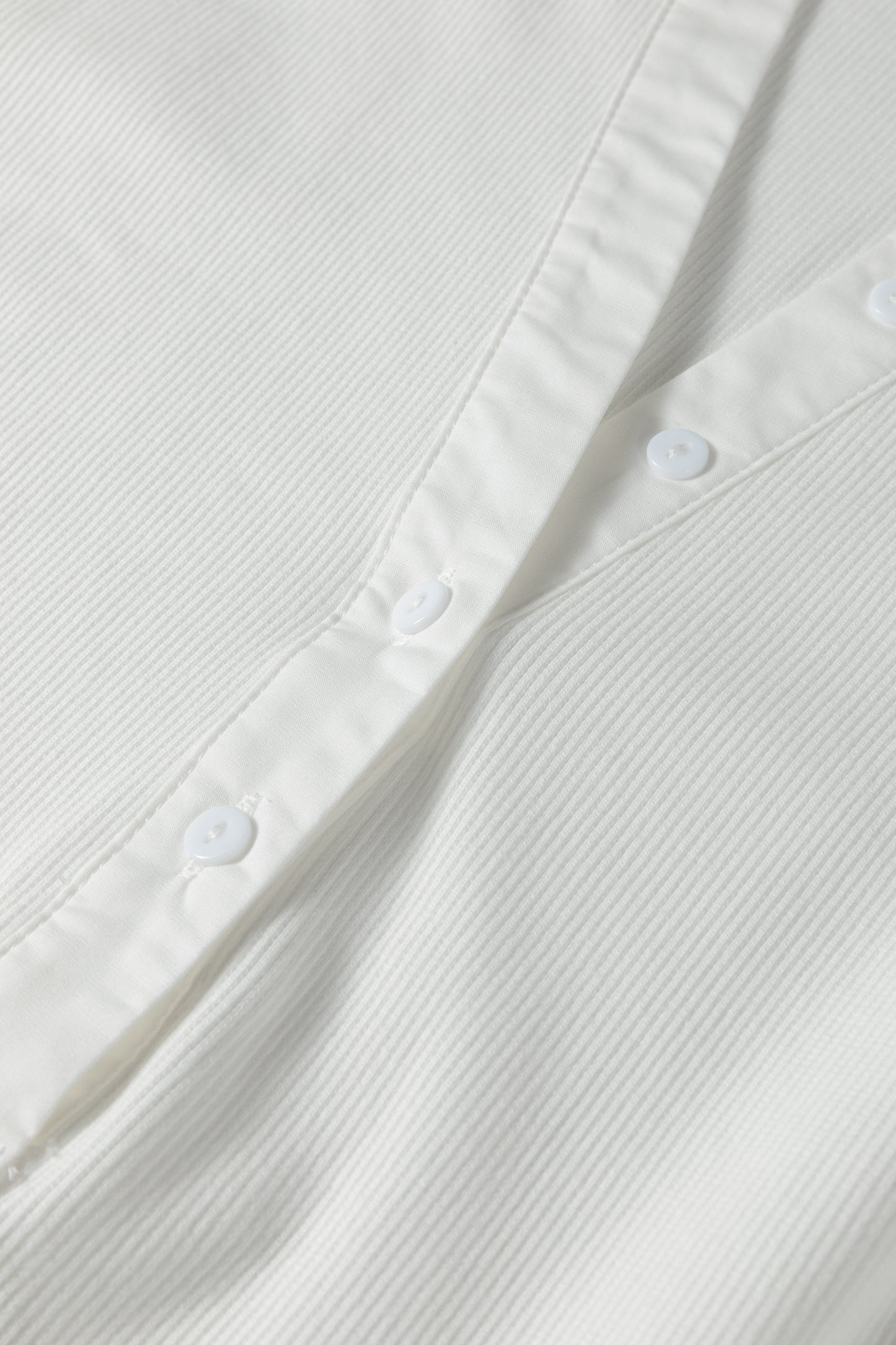 White Button Placket 3/4 Striped Sleeve Patchwork Rib Knit Top