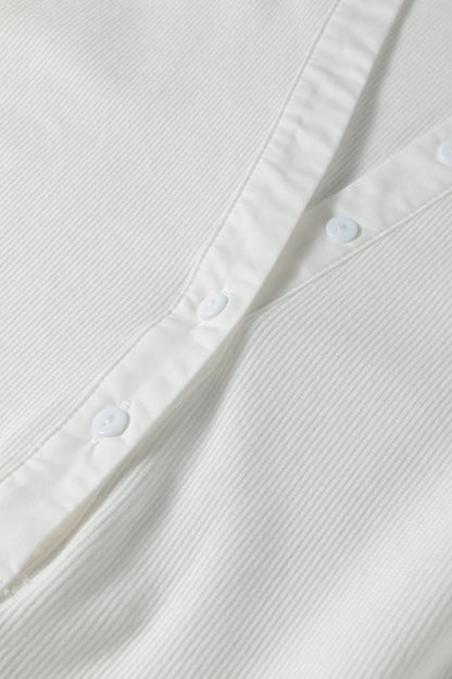 White Button Placket 3/4 Striped Sleeve Patchwork Rib Knit Top