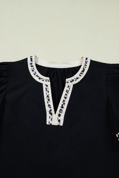Black Leopard Trim Notched Neck Short Puff Sleeve Shift Mini Dress