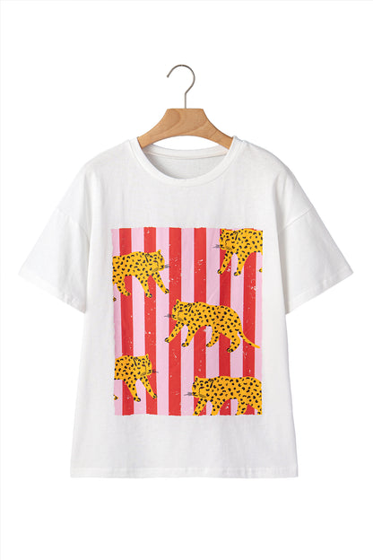 White Cheetah Striped Print Retro Fashion Graphic Tee