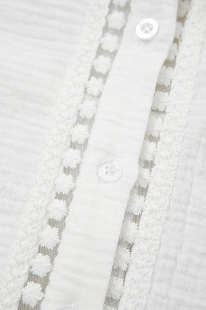 White Lace Trim Cuffed Short Sleeve Textured Shirt
