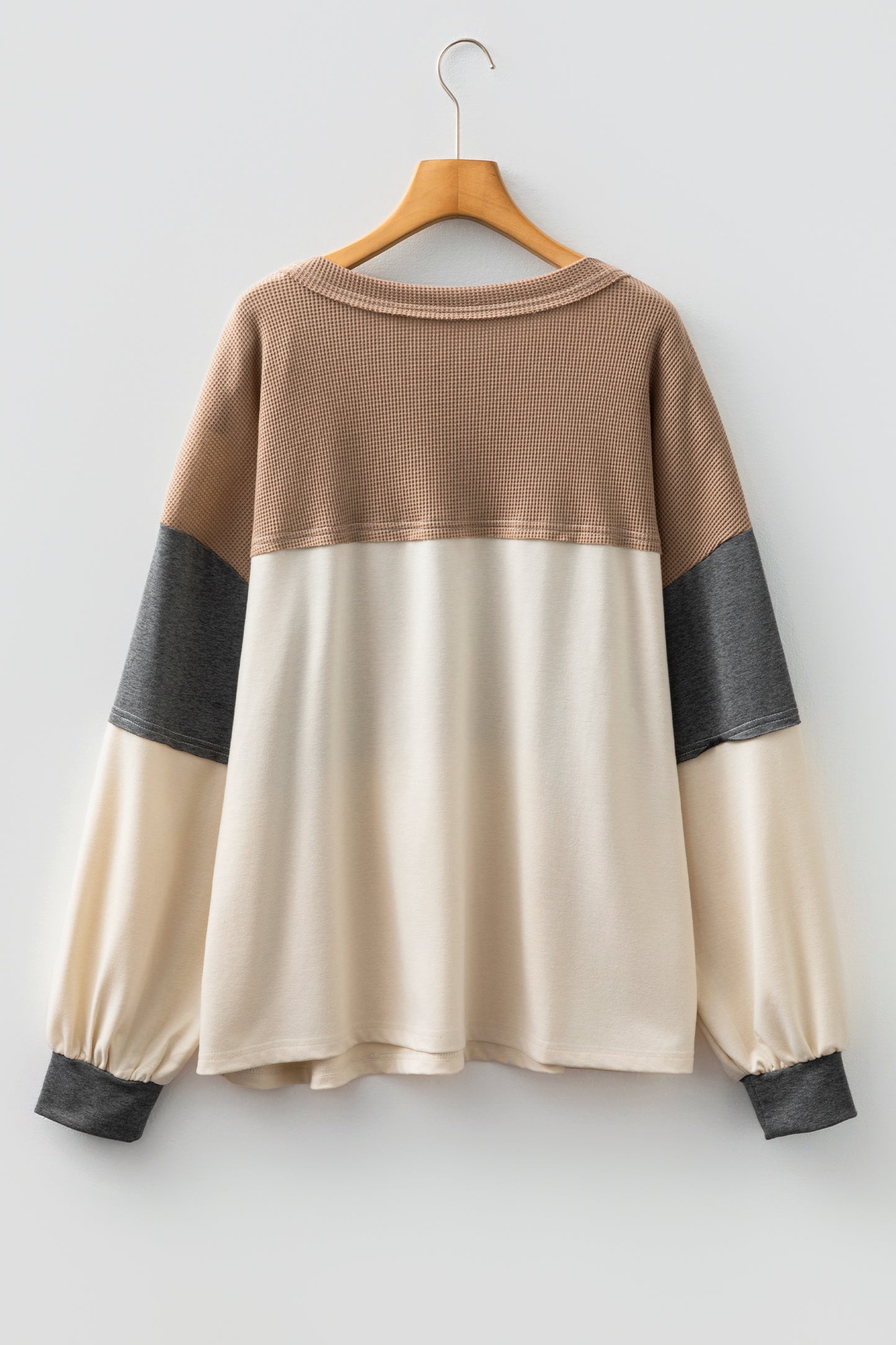 Jet Stream Waffle Patchwork Colorblock Half Buttons Casual Plus Size Knit Jumper
