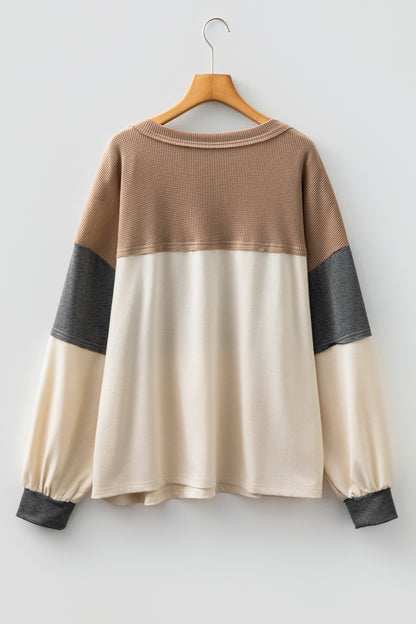 Jet Stream Waffle Patchwork Colorblock Half Buttons Casual Plus Size Knit Jumper
