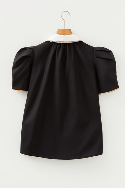 Black Ricrac Trim Color Block Patchwork Shirt Collar Short Sleeve Blouse