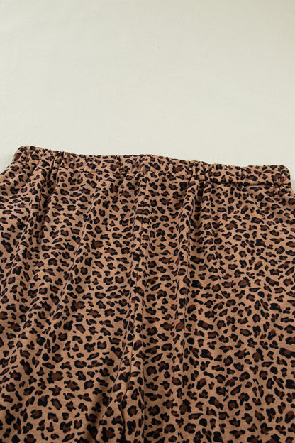 Brown Plus Size Leopard Loose Top Pleated Pants Set