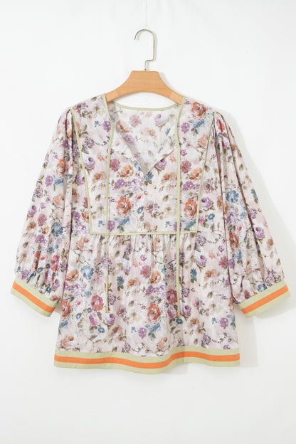 Black Plus Size Floral Print Contrast Trim Striped Detail Babydoll Blouse