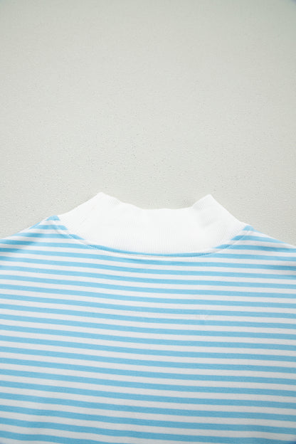 Sky Blue Stripe Oversize Mock Neck Sweatshirt and Shorts Set