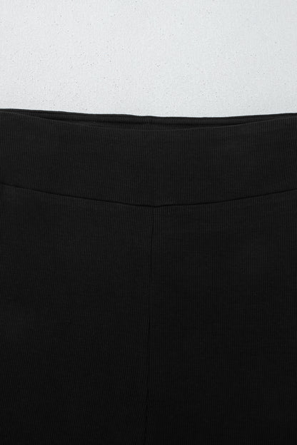 Black Solid Color Oversize Slit Sweatshirt Ribbed Leggings 2pcs Set
