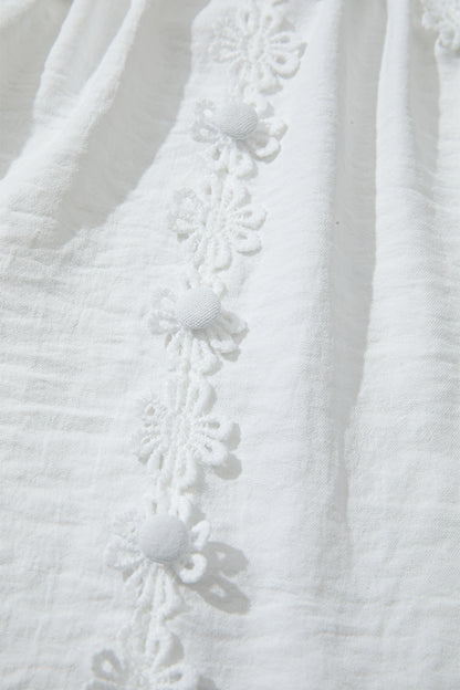 White Solid Color Floral Guipure Lace Patchwork Frilled Long Sleeve Blouse