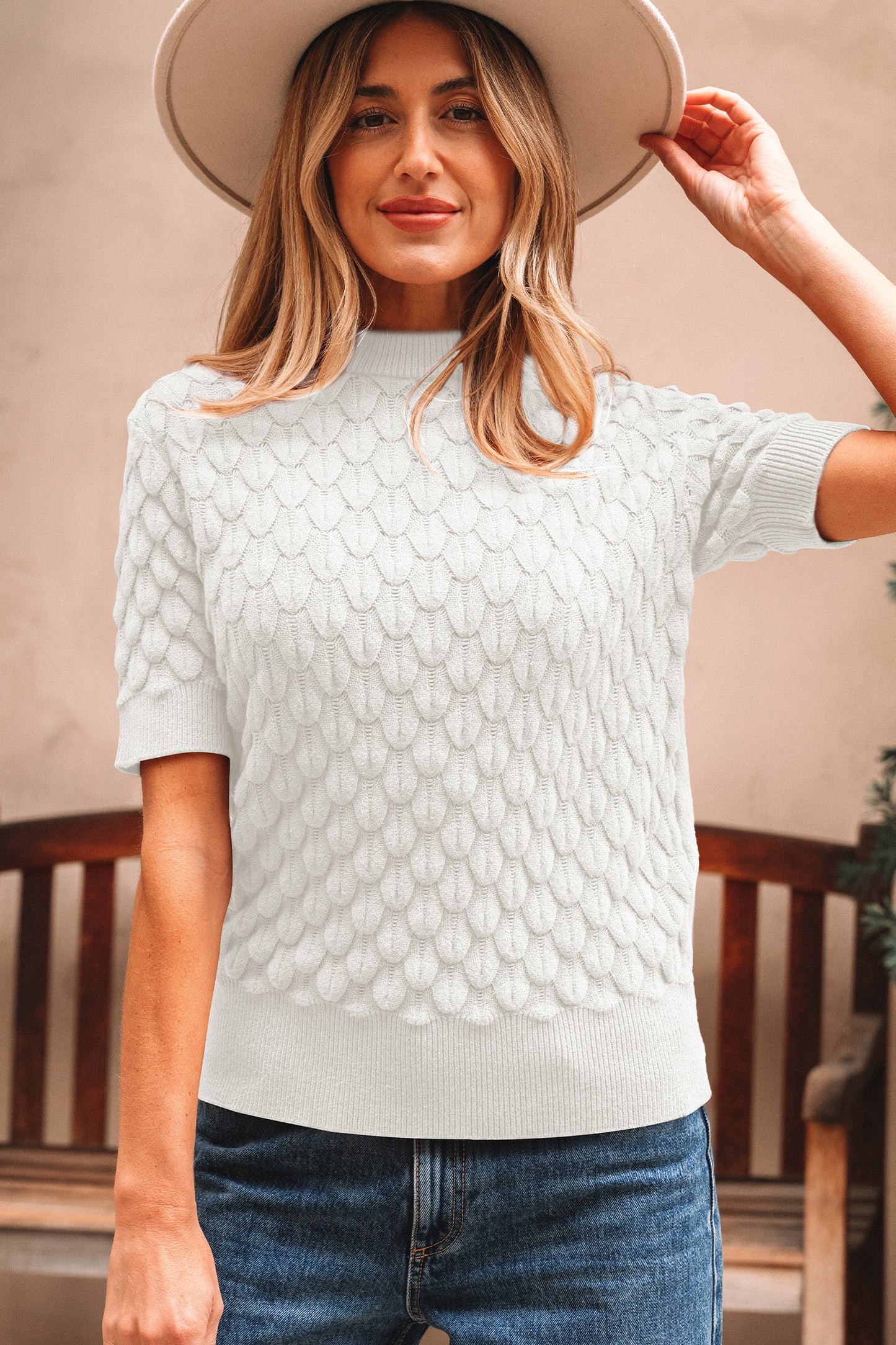 Straw Yellow Fish Scale Textured Knit Ribbed High Neck Short Sleeve Sweater