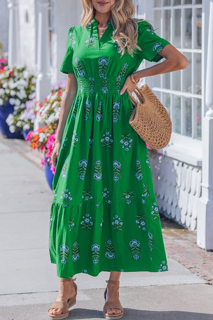 White Floral Print Split Neck Shirred High Waist Ruffle Hem Maxi Dress