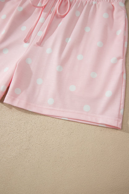 Black Exposed Seam Detail Polka Dot Loose Tee Drawstring Shorts Set