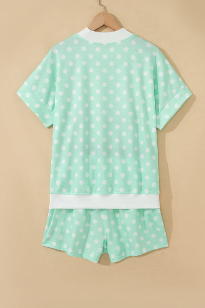 Sky Blue Polka Dot Print Color Block Trim Mock Neck Short Set