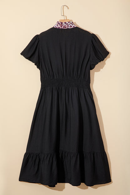 Black Leopard V Neck Patchwork Smocked Waist Plus Size Ruffled Dress