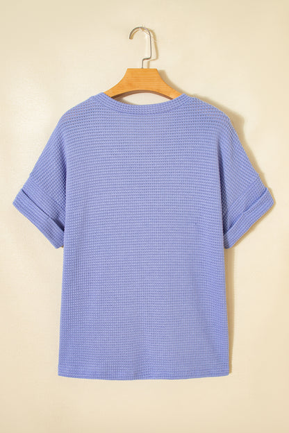 Clearly Aqua Waffle V Neck Short Sleeve Knit Top