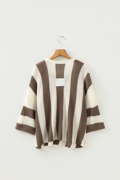 Red Stripe Colorblock V Neck Bracelet Sleeve Sweater