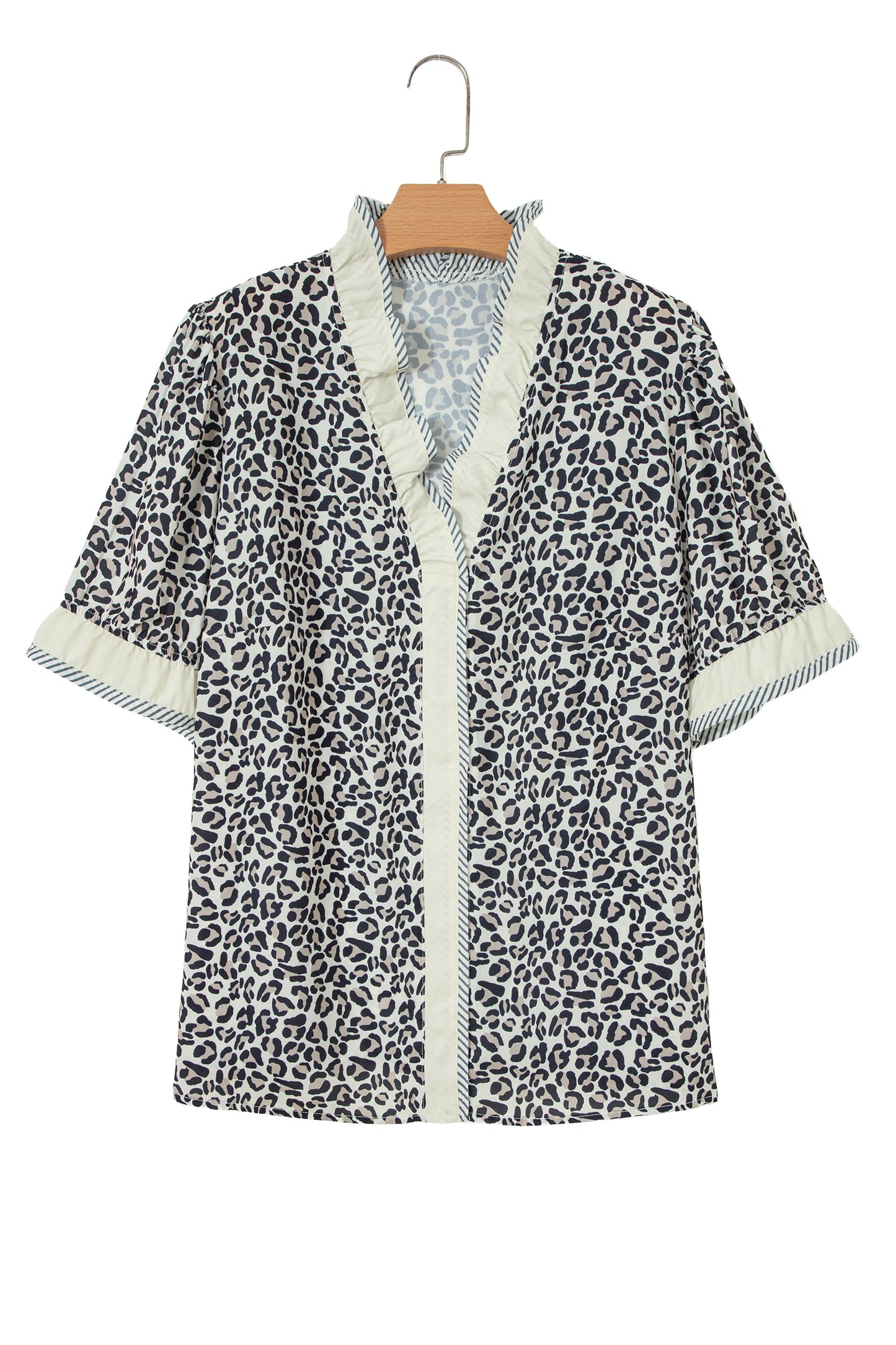 Black Plus Leopard Print Striped Color Block Trim Frilled V Neck Short Sleeve Blouse