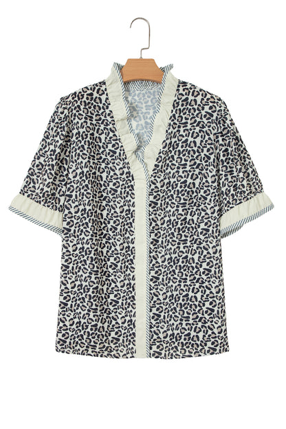 Black Plus Leopard Print Striped Color Block Trim Frilled V Neck Short Sleeve Blouse