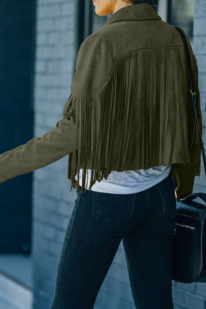 Green Cropped Fringe Faux Suede Jacket