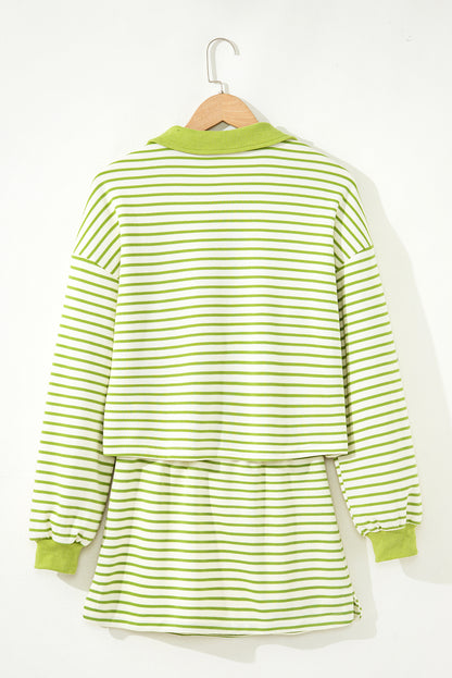 Pink Stripe Collared V Neck Drop Shoulder Pullover and Skort 2pcs Outfit
