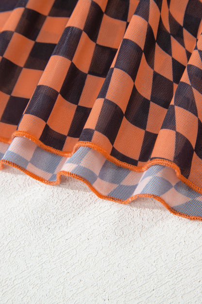 Orange Checkered Print Crew Neck Mesh T Shirt