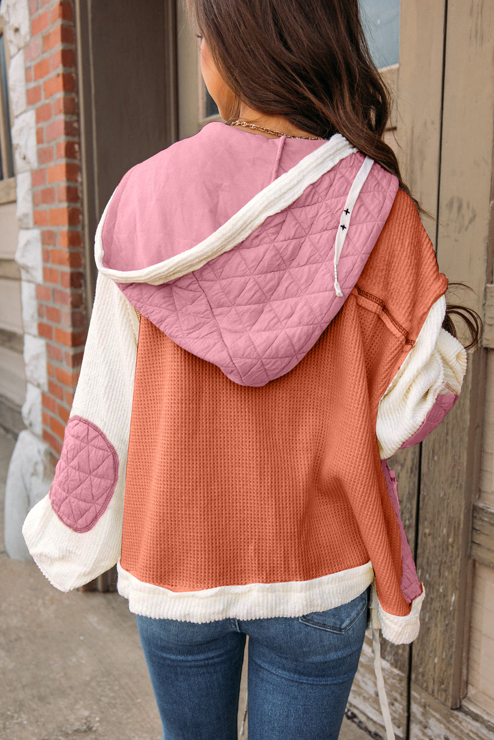 Beige Quilted Textured Patchwork Loose Fit Hooded Jacket