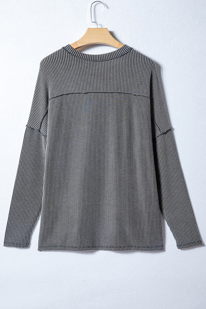 Parchment Twist Ribbed Exposed Seam Detail Long Sleeve Loose Top
