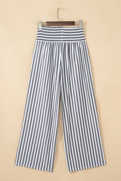 Black Stripe Shirred High Waist Loose Summer Pants