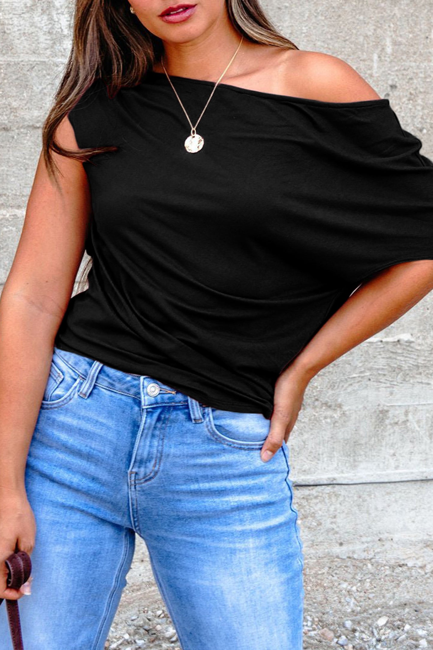 Gossamer Pink Plus Size Solid Color Asymmetric Neck Short Sleeve Blouse