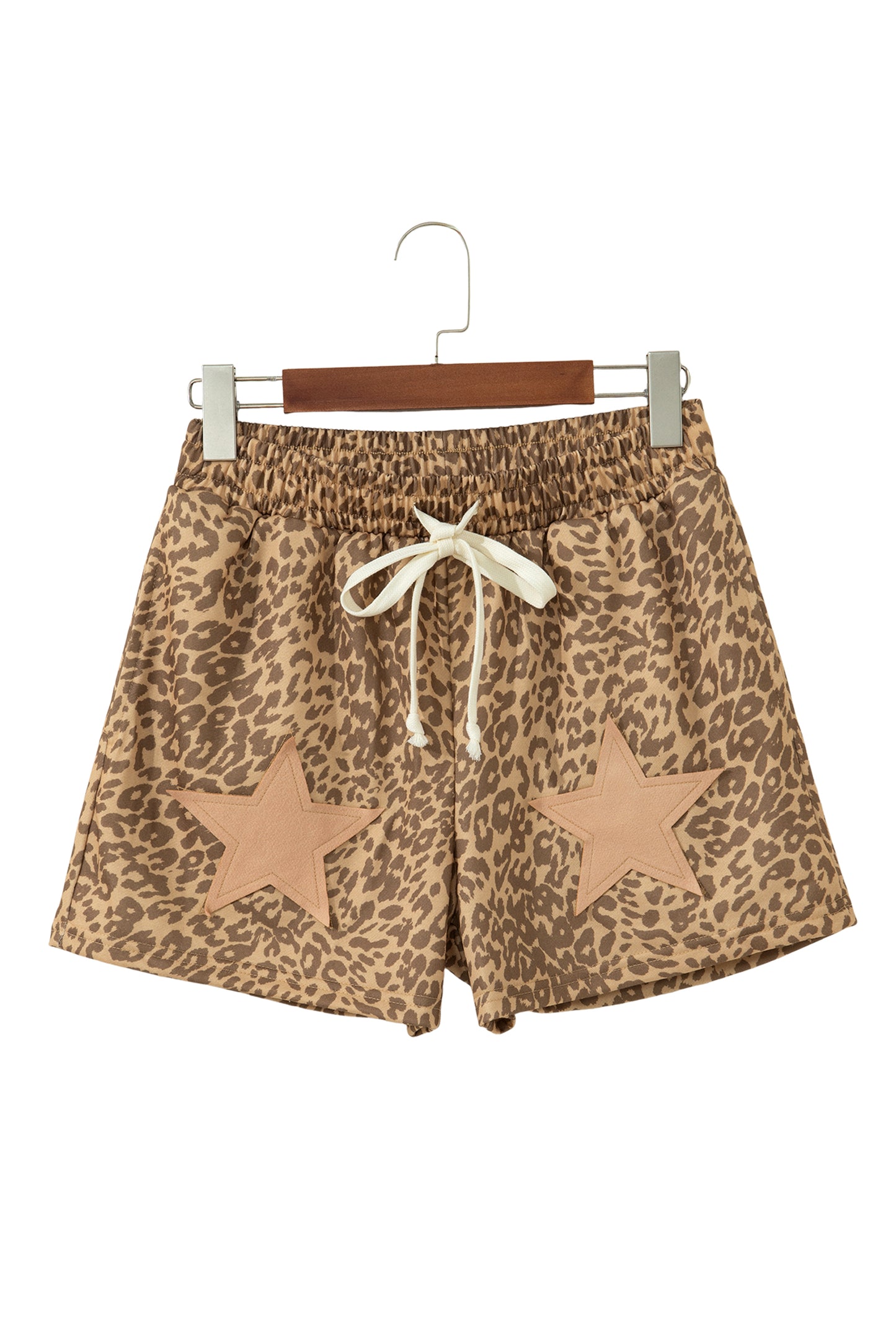 Khaki Leopard Drawstring Elastic Waist Star Patched Shorts