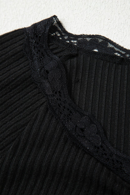 Black Lace Neckline Button Decor Lettuce Edge Long Sleeve Ribbed Top