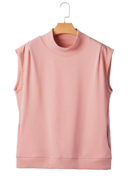 Black Solid Color High Neck Cap Sleeve Loose Top