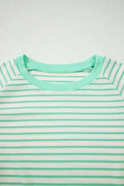 Green Stripe Colorblock Trim Round Neck Short Sleeve Tee