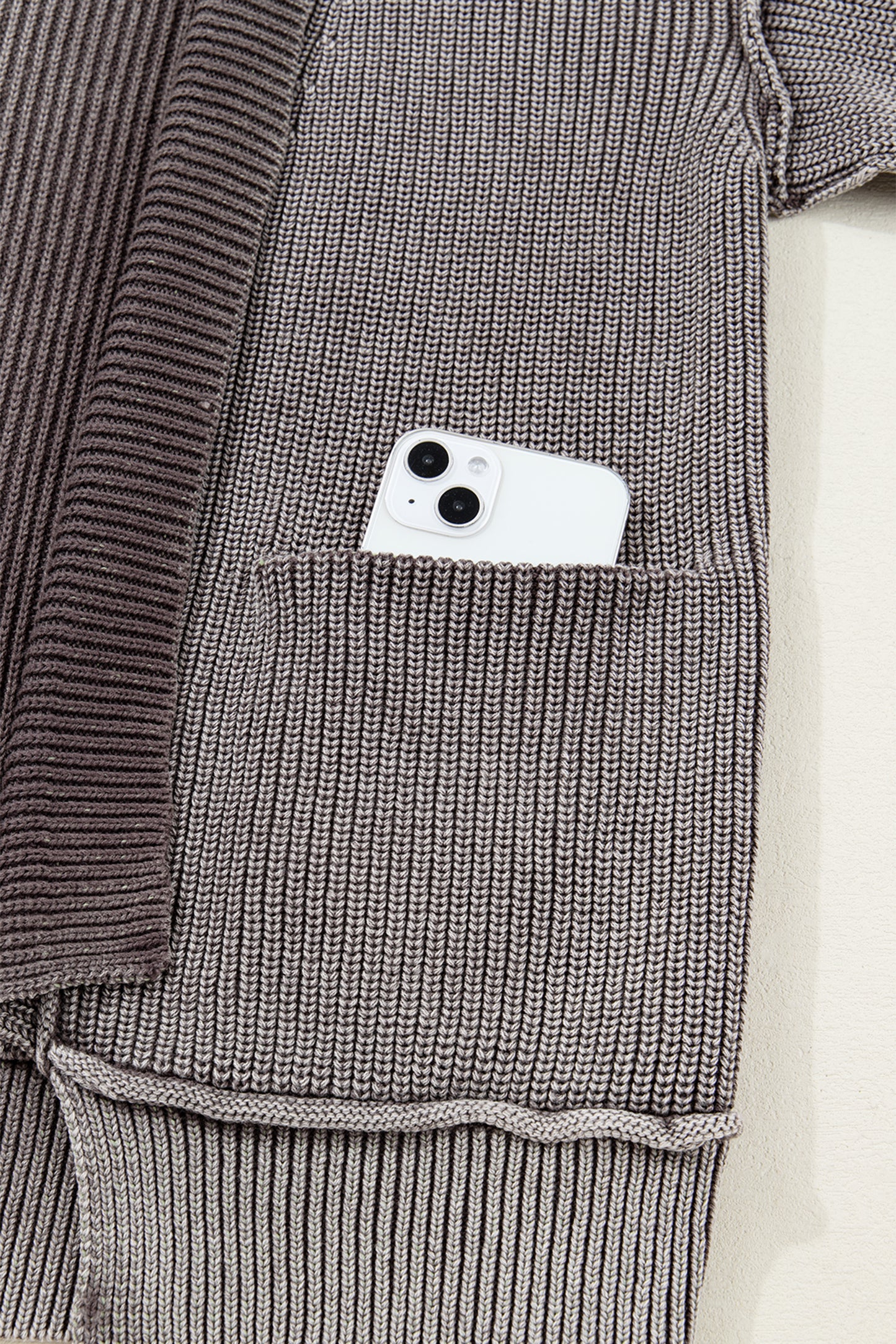 Chestnut Mineral Wash Exposed Seam Patchwork Knit Open Sweater Cardigan