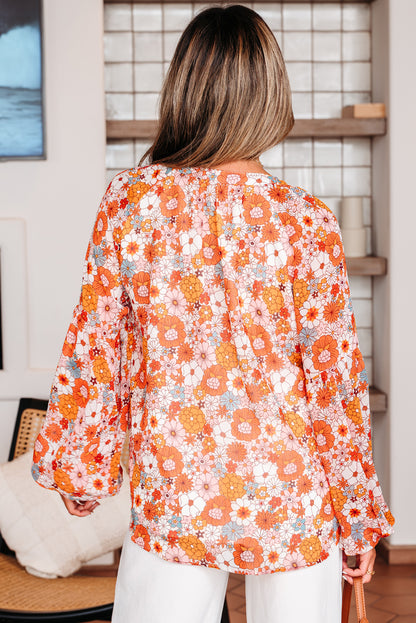 Yellow Floral Print V Neck Long Puff Sleeve Top