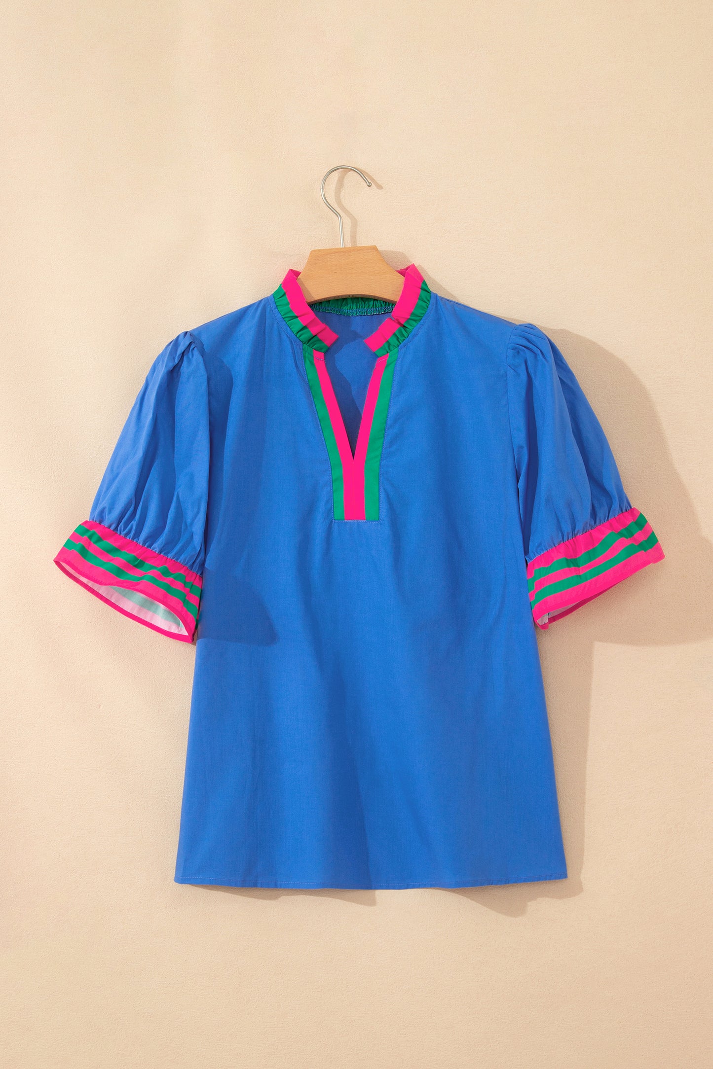 Green Striped Frilled Collar Ruffled Short Sleeve Blouse