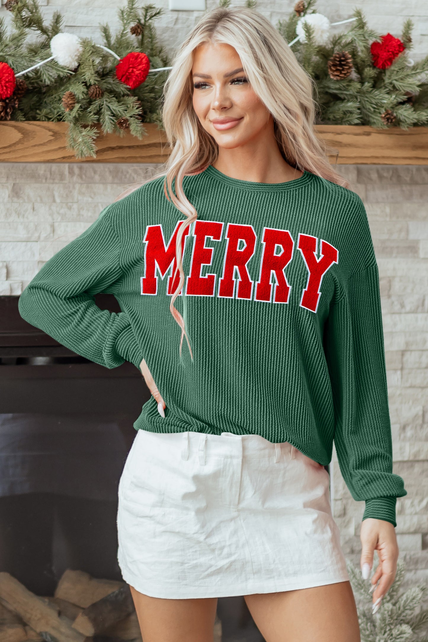 Black Twisted Rib Outlined Merry Letter Graphic Loose Long Sleeve Top
