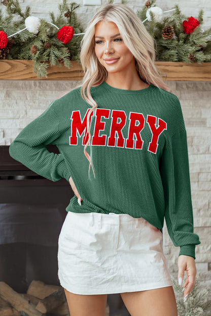 Black Twisted Rib Outlined Merry Letter Graphic Loose Long Sleeve Top