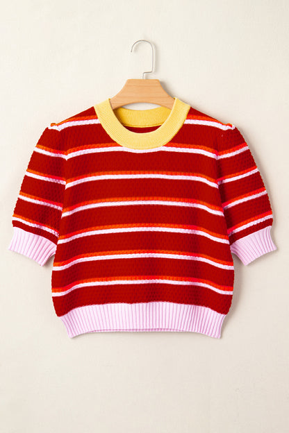 Red Stripe Colorblock Trim Half Sleeve Sweater Top