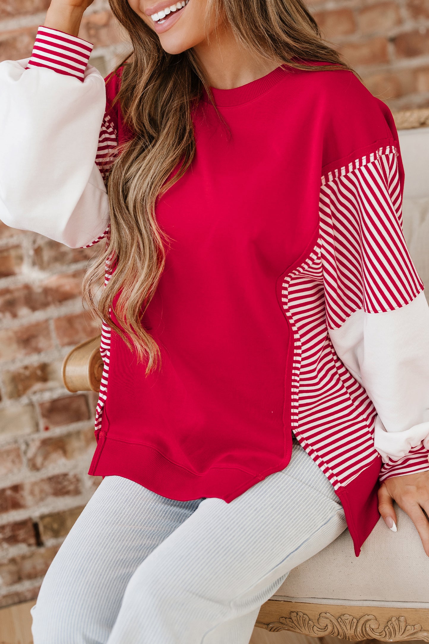 Dark Blue Striped Patchwork Sleeve Colorblock Sweatshirt