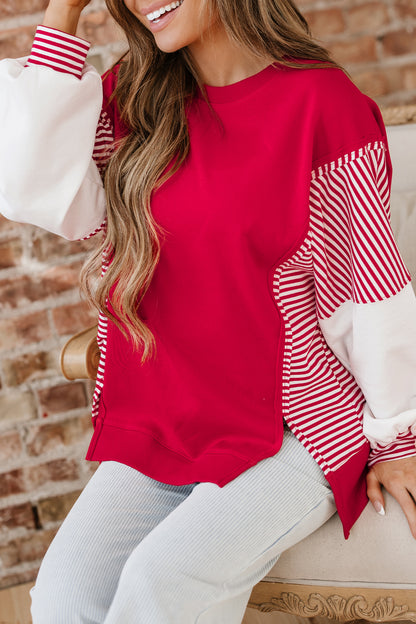 Dark Blue Striped Patchwork Sleeve Colorblock Sweatshirt