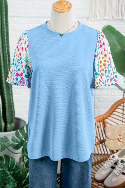 Pink Round Neck Textured Contrast Floral Bubble Sleeve Blouse