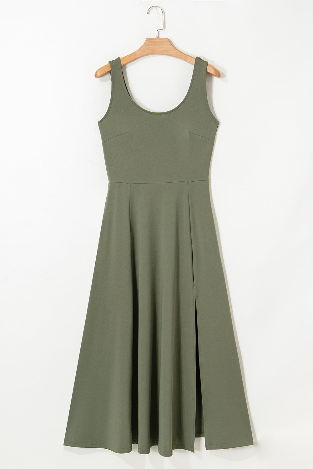 Black Sleeveless Scoop Neck Flared Split Midi Dress