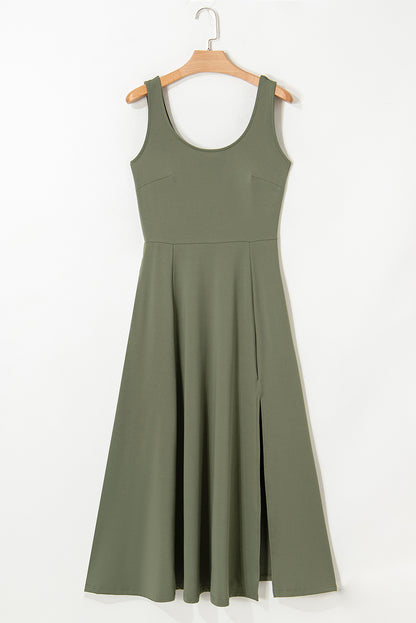 Black Sleeveless Scoop Neck Flared Split Midi Dress